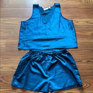 VTG Victoria’s‎ Secret Gold Label Dark Teal Blue Satin Tank & Short Pajama Set L